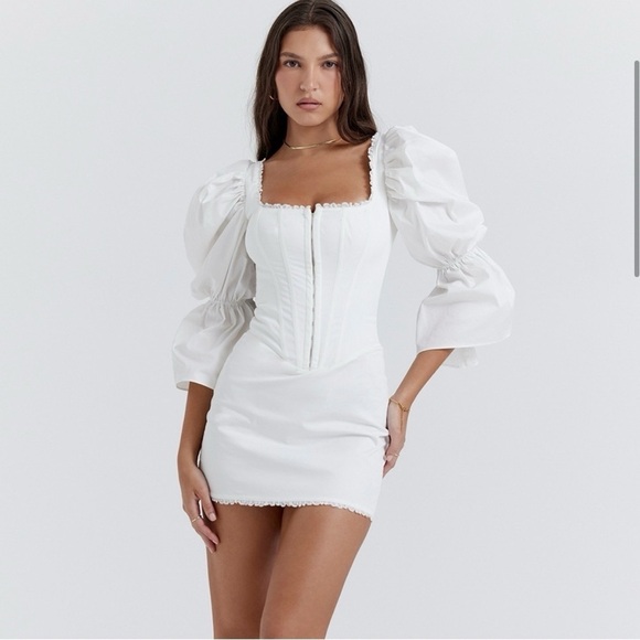 HOUSE OF CB Matilda White Puff Sleeve Corset Mini Dress Size Small - Picture 2 of 9